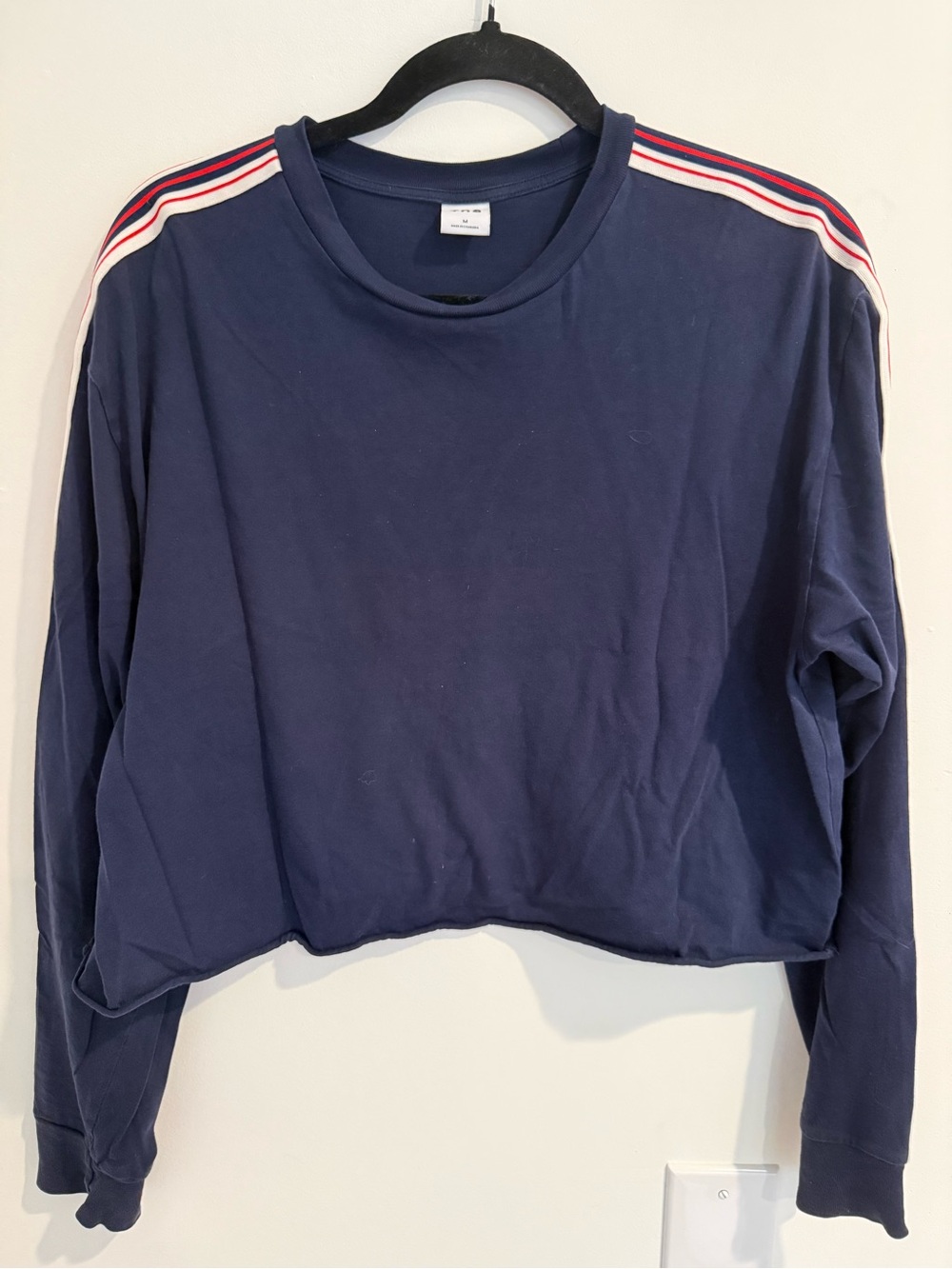 TNA Navy Cropped Sweatshirt with Red & White Shoulder Stripes